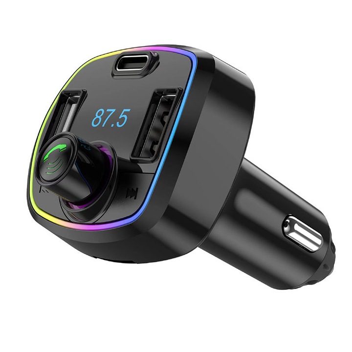 M32 autós FM transmitter, gyorstöltés QC3.0, kihangosított hívások, 12-24V, fekete