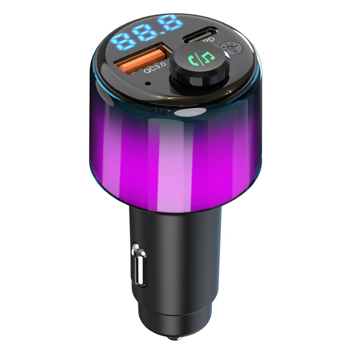 FM autós transmitter BC90, Bluetooth, HIFI hangzás, LED kijelző, fekete