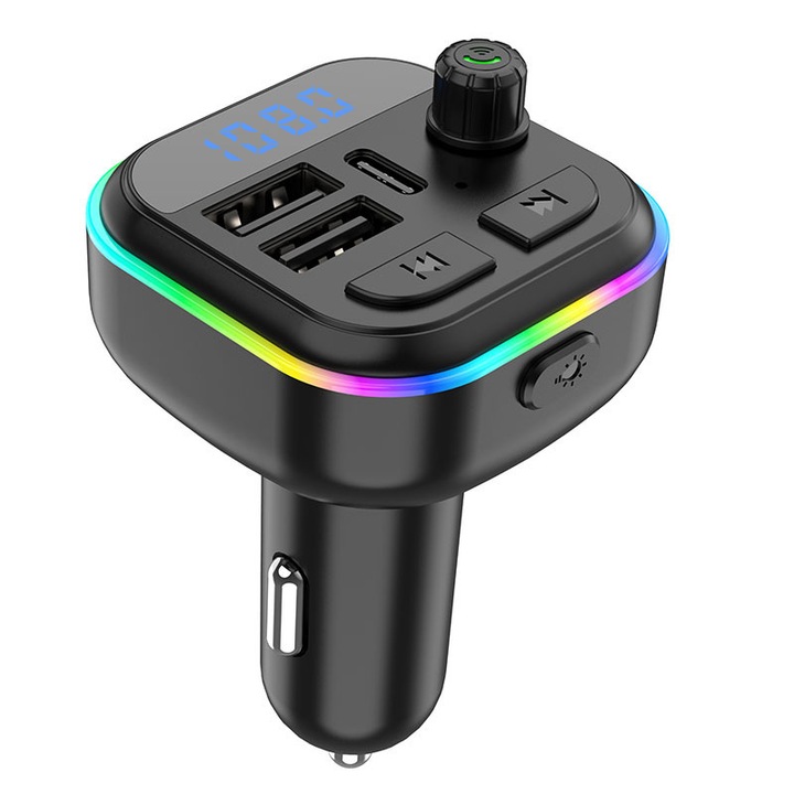 Transmitator FM auto P15, incarcare rapida QC3.0, apeluri hands-free, 2 porturi USB, negru