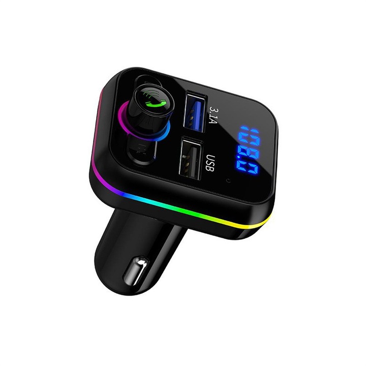Transmitator FM Bluetooth M34, player MP3 auto cu slot pentru card TF, incarcare duala USB, lumina colorata, negru