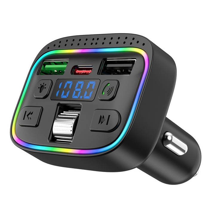Transmitator Bluetooth auto universal, player MP3 auto cu incarcator dual USB, apeluri hands-free, redare muzica USB - Negru
