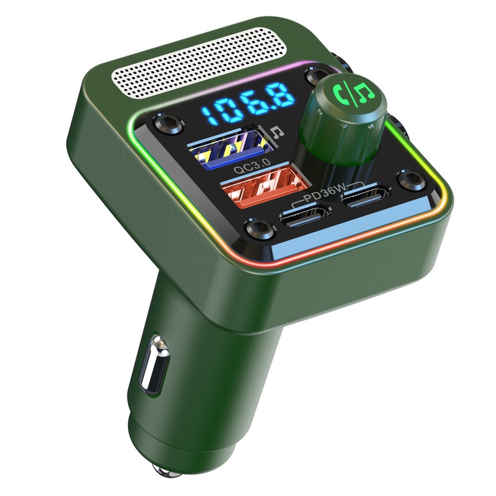 Transmitator Bluetooth auto BC91, incarcator auto cu 36W Dual PD, muzica HIFI, verde armata