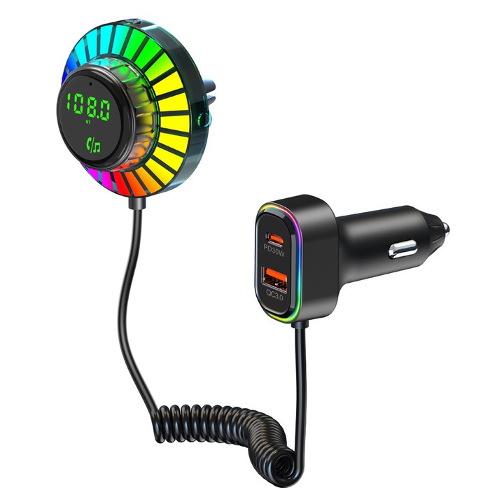 Transmitator FM auto BC96, player MP3 cu lumina RGB sincronizata cu muzica, incarcare rapida PD, suport USB - Negru