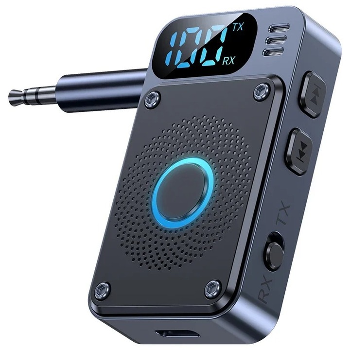 Convertor audio Bluetooth 5.4, receptor si transmitator 2-in-1, afisaj digital, intrare AUX 3.5mm, apeluri hands-free, negru