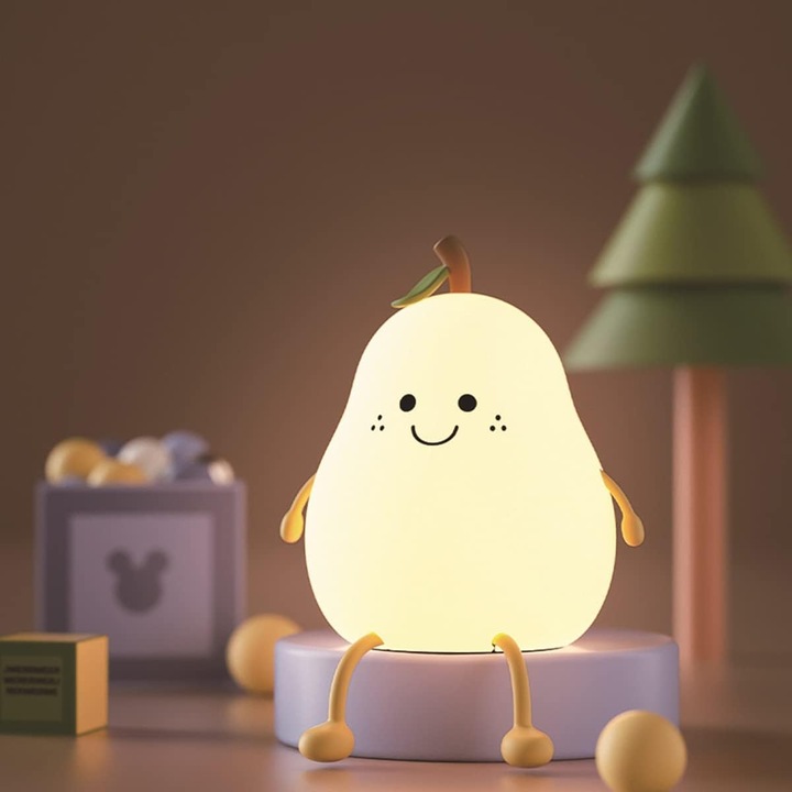 Lampa de veghe pentru copii, lumina de noapte pentru bebelusi, in forma de para, incarcabila USB, din silicon alimentar fara BPA, 7 moduri de culoare, dimabila cu timer 30/60 min, Multicolor, 6 ore autonomie