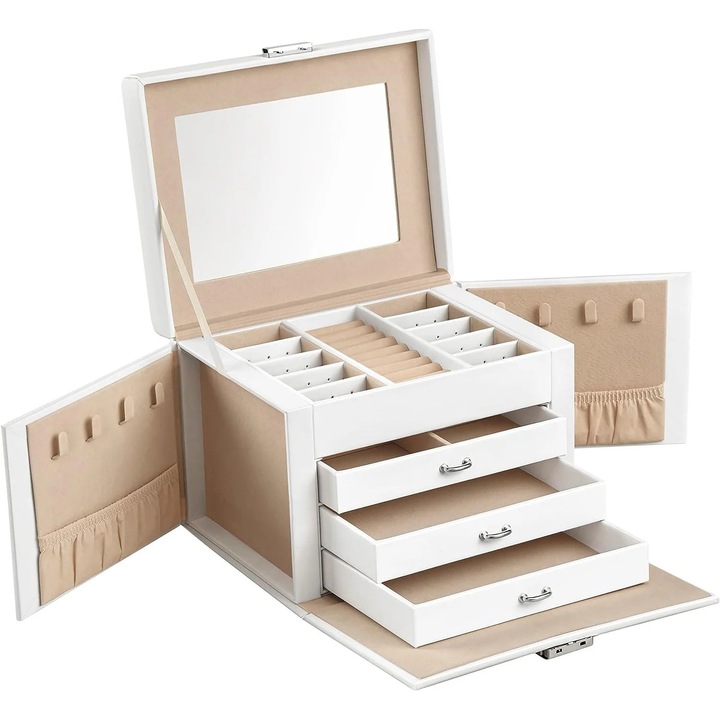 Cutie de bijuterii cu 4 nivele, 3 sertare, oglinda si incuietoare, 18x23x17cm, alb