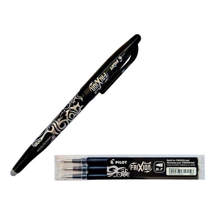 Химикалка Pilot Frixion 0.7, изтриваем, черно мастило, комплект с 3 резервни пълнители