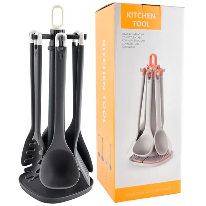 Élelmiszeripari szilikon konyhai eszköz készlet, szürke, tartóval, tapadásmentes