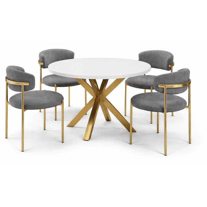 Кръгла маса с 2 стола, Stewe Home, златна основа, сиви столове, 90x90cm, комплект