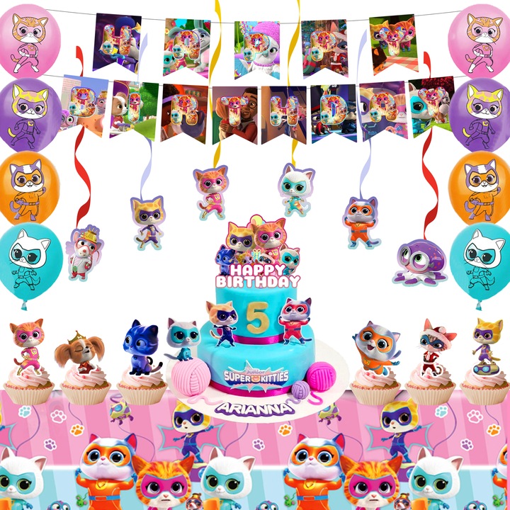 45pcs Set Accesorii Petrecere SuperKitties, InBoxxarty, Decoratiuni Petrecere SuperKitties - Decorarea Tort, Banner, Balon, Fata de Masa etc Decoratiuni Aniversare SuperKitties