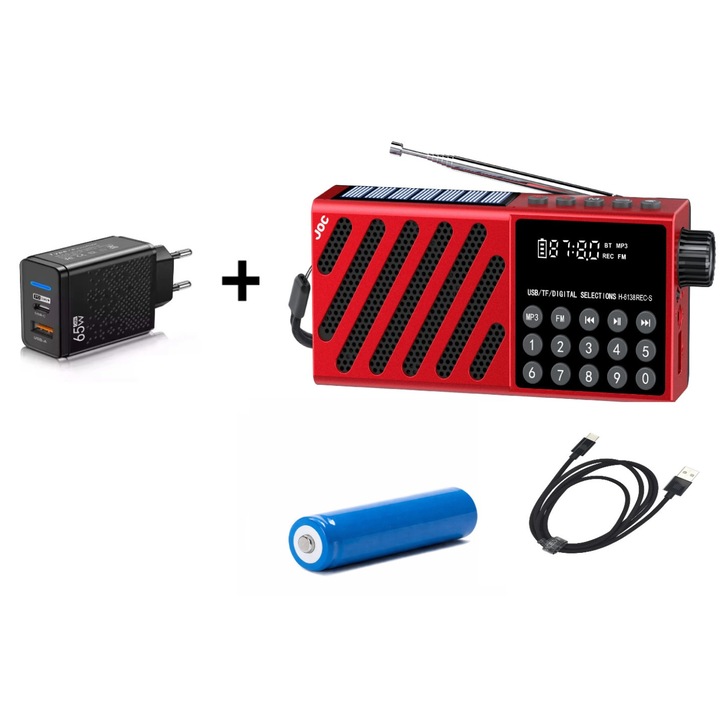 Radio portabil multifunctional incarcare solara JOC-6138REC-S rosu + incarcator 65W + acumulator + cablu Type C