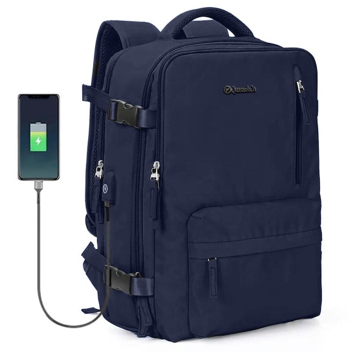 Quasar & Co. hátizsák, multifunkcionális, vízálló, cipőrekesszel, kocsi függesztő rendszerrel, USB, textil, 43x30x20 cm, Sötétkék