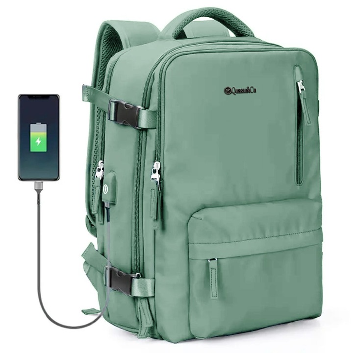 Quasar & Co.® hátizsák, multifunkcionális, vízálló, cipőrekesszel, bőröndre rögzítő rendszerrel, USB-vel, textil, 43x30x20 cm, világos türkiz