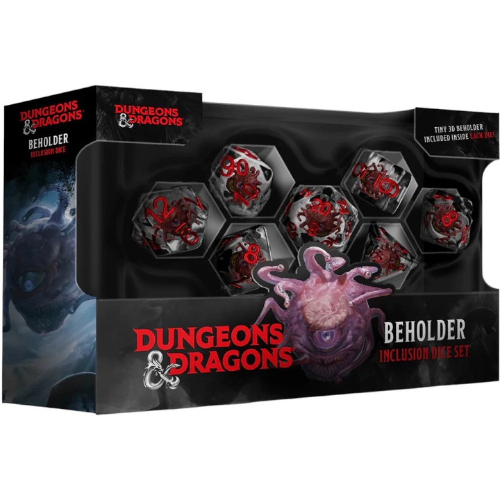 Set 7 zaruri Dungeons & Dragons Fanroll, inclus figurine 3D, multicolor, 30x20x10cm