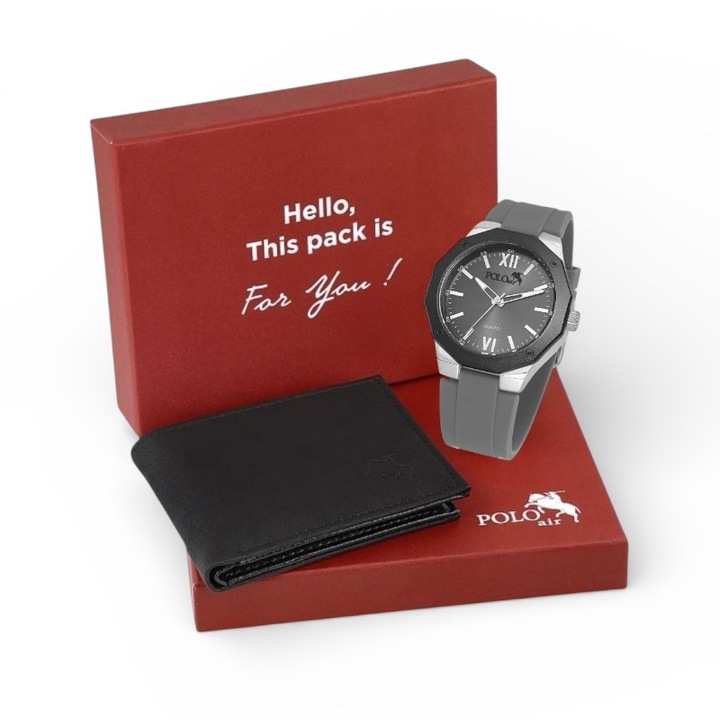 Set pentru bărbați, Polo Air, portofel și ceas, negru, 11x9x2 cm