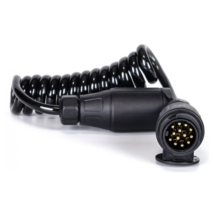 Cablu Electric Spiralat 13 PIN, KAMAR, E1384-A, Conectare Sigura Pentru Remorca Si Utilaje, Design Elastic Rezistent La Intindere, Compatibil Cu Sisteme Iluminare Auto, Montaj Rapid Si Usor, 1.5 m, Negru
