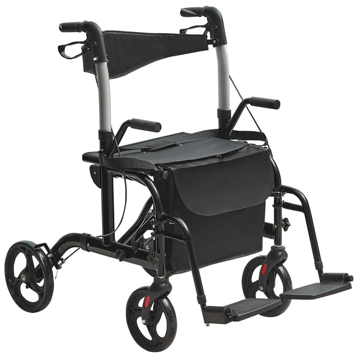 Cadru de mers cu scaun, Rollator 2 in 1 cu scaun de transport, MENZ FBL427113, pliabil, din aluminiu, roti mari all-terrain, manere reglabile, sustine pana la 136 kg, negru