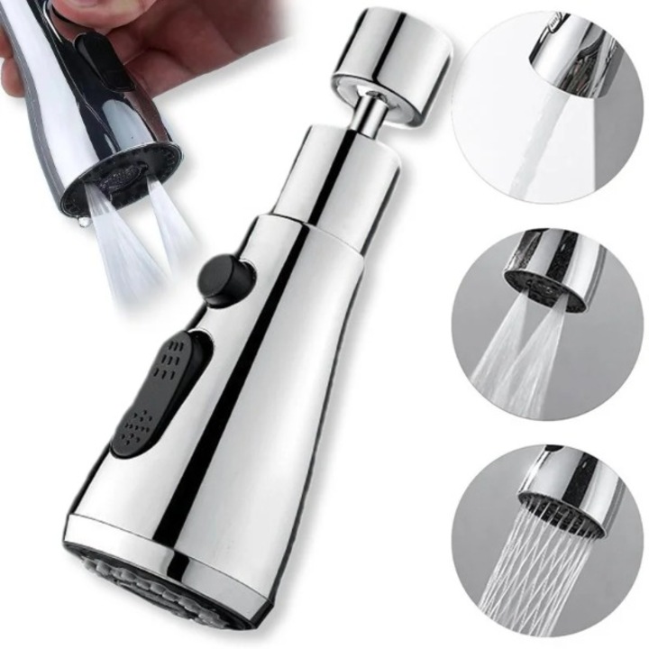 Extensor robinet cu 3 moduri de pulverizare, presiune crescuta pana la 50%, economisire apa 35%, rotire 360°, buton On Off, inox