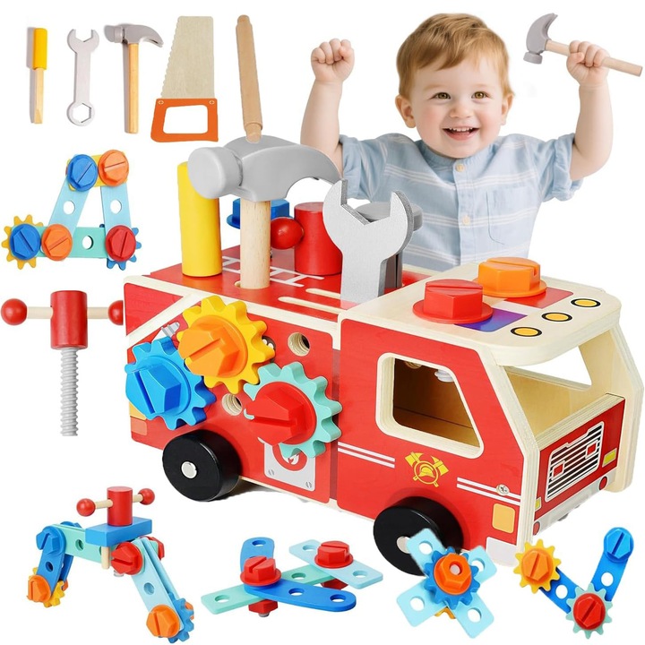 Banc de lucru portabil pentru copii, Bedee®, 34 Piese, Model de camion de pompieri, cu Chei, Ciocan, Roti, Surubelnite, Fierastrau, Dezvolta creativitatea, Imaginatia, 3 Ani+, Multicolor
