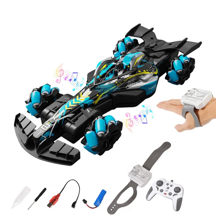 Masina Formula F1 de Cascadorii Controlabila Prin Gesturi, 4WD, MorFansi®, cu Telecomanda, Drift Car, 2.4 GHz, Rotire 360°, Incarcare USB, Lumini, Sunet si Efect Pulverizare, 27x12.5x6cm, 3 ani+, Albastru