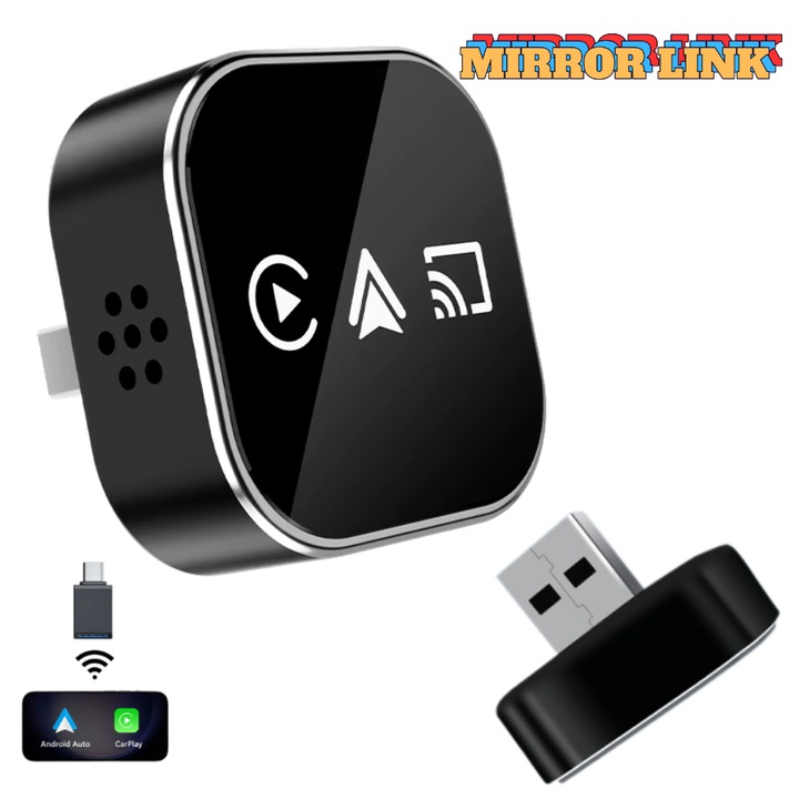 Adaptor Auto MAUEX® 3-in-1 Wireless, Compatibil CarPlay si Android Auto, MirrorLink pentru Screen Mirroring Telefon Android, Conectare USB si Type-C, Plug & Play, Activare Automata, Redare Aplicatii Telefon pe Display Auto