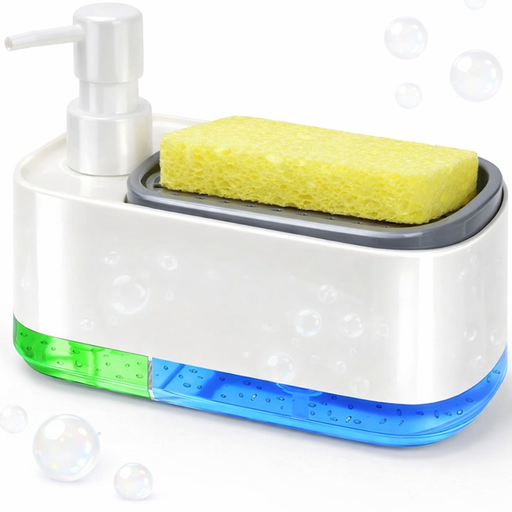 Dozator sapun Macvi® cu pompa dubla si suport burete dozator detergent vase si sapun de maini design compact pentru chiuveta