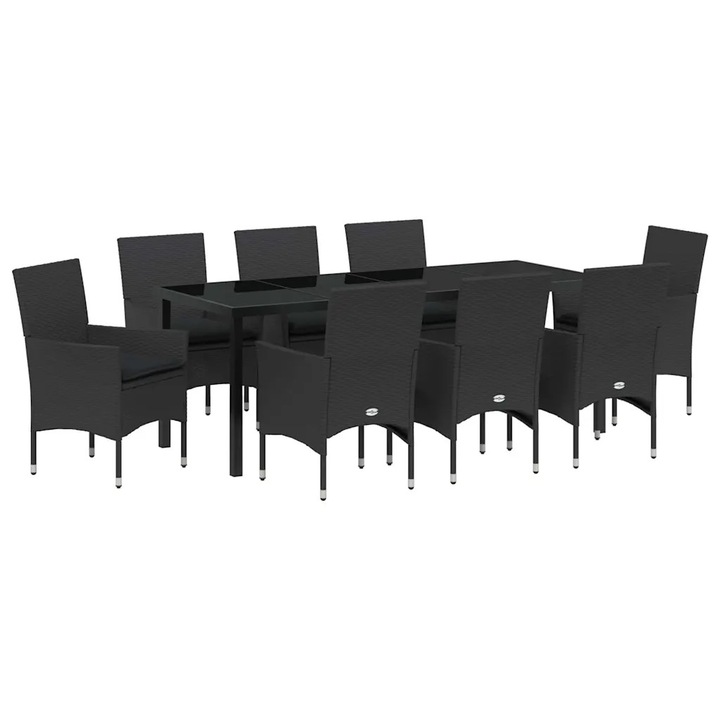 Set de masa pentru gradina cu perna 9 pcs Negru poliratan, vidaXL, 3379778