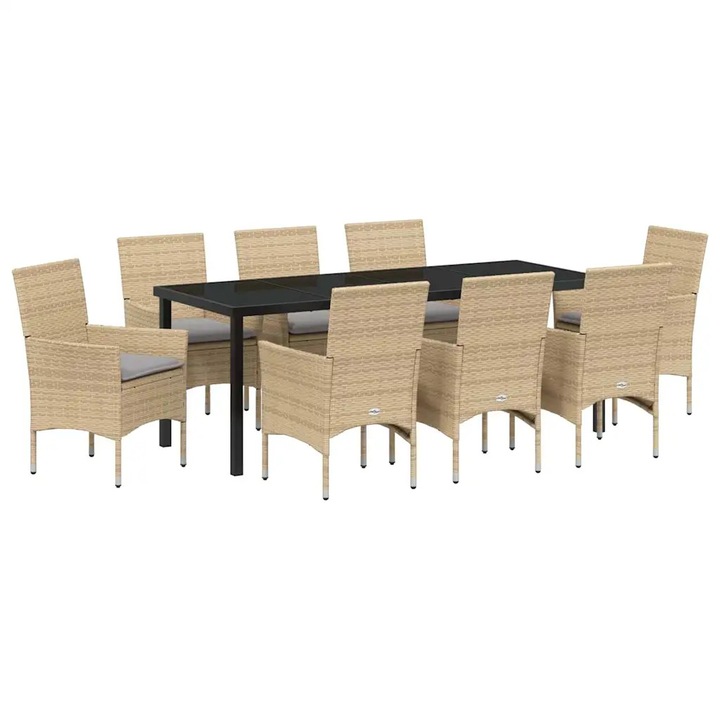 Set de masa pentru gradina cu perna 9 pcs Bej poliratan, vidaXL, 3379799