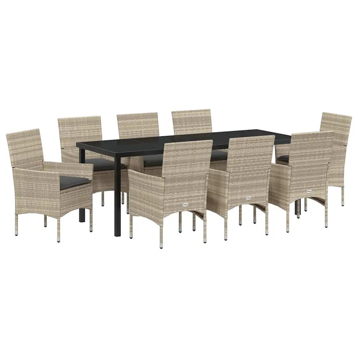 Set de masa pentru gradina cu perna 9 pcs Gri deschis poliratan, vidaXL, 3379813