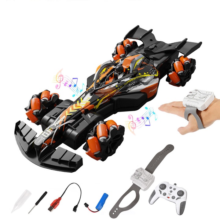 Masina Formula F1 de Cascadorii Controlabila Prin Gesturi, 4WD, MorFansi®, cu Telecomanda, Drift Car, 2.4 GHz, Rotire 360°, Incarcare USB, Lumini, Sunet si Efect Pulverizare, 27x12.5x6cm, 3 ani+, Portocaliu