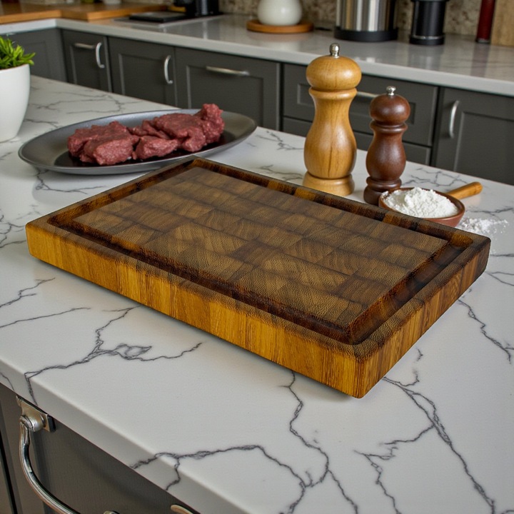 Tocator profesional de bucatarie, Fund din lemn exotic de iroko, Stil end grain, Super premium, 30x20x3 cm