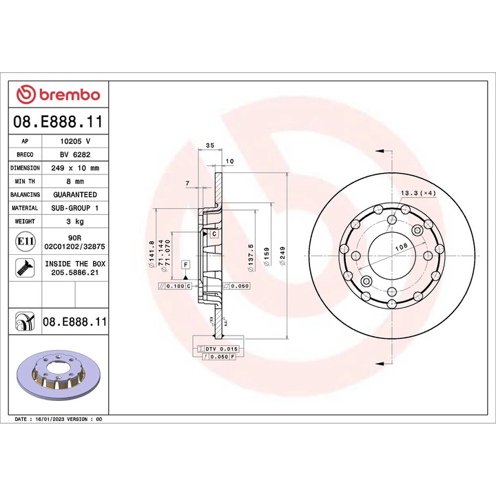 Set Discuri De Frana 08.E888.11 Citroën C4 10/C4 3 Ds Ds 3 / Ds 3 Crossback Opel Corsa F/Mokka Peugeot 2008 2/208 2 Vauxhall Mokka