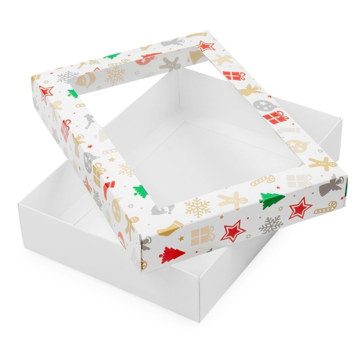 Cutie Craciun Cu Fereastra, Neopak, Model Cadou Festiv, 260x180x50 mm, Carton Rezistent, Ambalaj Tematic Ideal Pentru Dulciuri Sau Seturi De Sarbatori Sub Brad, Maro Natur