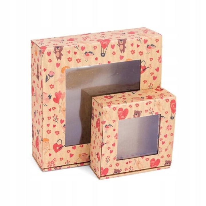 Cutie Din Carton Cu Fereastra, Neopak, Inimi, 150x140x55 mm, Carton Solid, Ambalaj Cadouri Romantice, Alb Cu Imprimeu Inimi Rosii