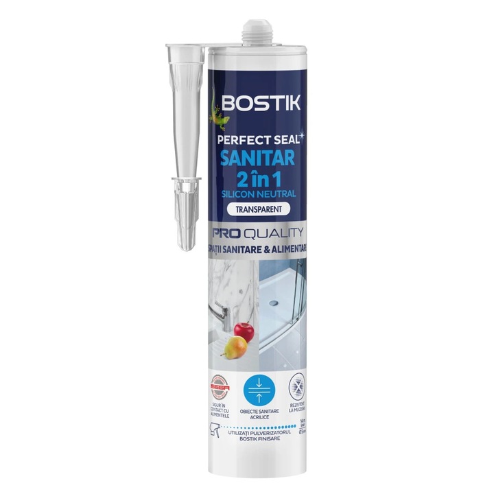Silicon sanitar, Bostik Sanitar Silicon Neutral, rezistent la apa, transparent, interior, 280 ml