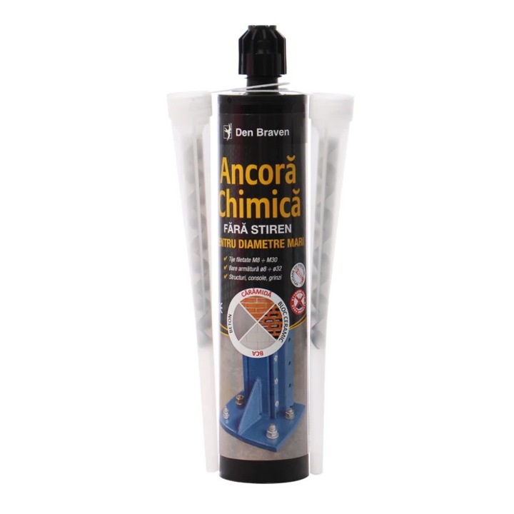 Ancora chimica fara stiren, pentru diametre mari, Den Braven, gri, interior / exterior, 280 ml, include doua mixere
