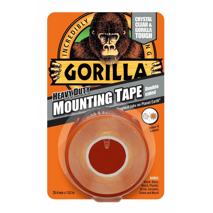 Banda dublu adeziva pentru montaj si fixare, Gorilla Heavy Duty Mounting, transparent, interior / exterior, 2.5 cm x 1.5 m