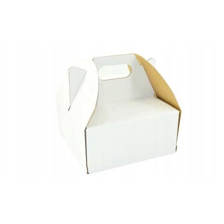 Cutie Tort Cu Maner, Neopak, Model Alb, 26x26x12 cm, Carton Solid Rezistent, Ambalaj Profesional Pentru Prajituri Si Produse De Cofetarie, Transport Sigur Si Elegant, Alba