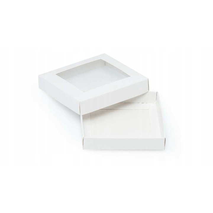 Cutie Cadou Cu Fereastra, Neopak, Model Patrat Mic, 105x105x20 mm, Carton Solid, Ambalaj Elegant Pentru Bijuterii Sau Mici Atentii, Ofera O Vizibilitate Buna Produsului, Alba