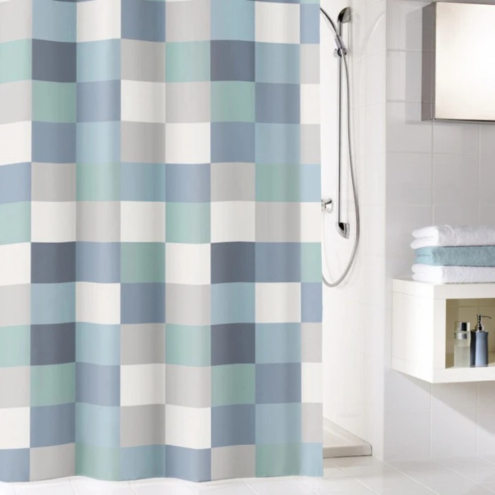 Perdea dus Kleine Wolke Check 34282, model carouri, gri / albastru, 180 x 200 cm