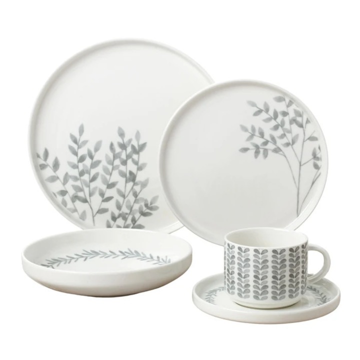 Set farfurii H019, portelan, alb + gri, 30 piese