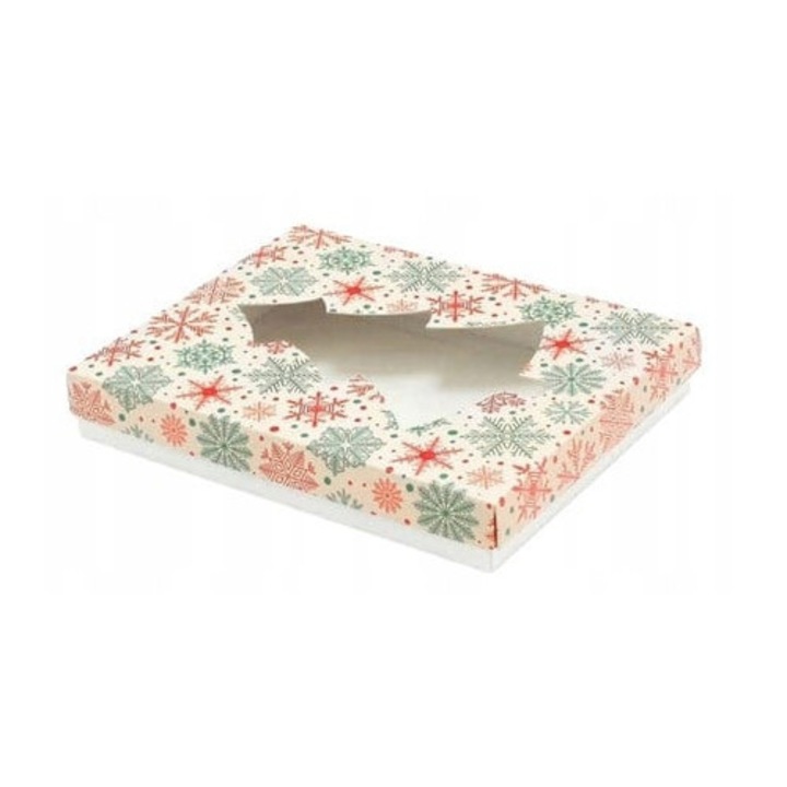 Cutie Cadou Cu Fereastra, Neopak, Imprimeu Brad Craciun, 210x210x20 mm, Carton Calitativ, Aspect Festiv Pentru Cadouri De Sarbatori Patrate, Ideal Sub Bradul De Craciun, Maro Natur