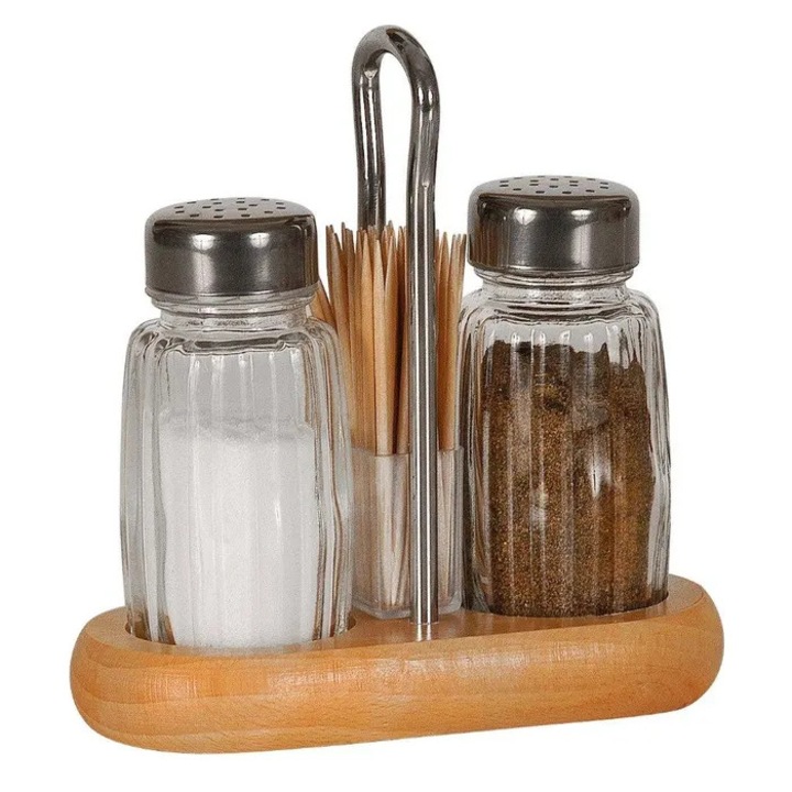 Recipiente condimente + suport, lemn + sticla transparenta, 11 x 11 x 13 cm, set 2 bucati