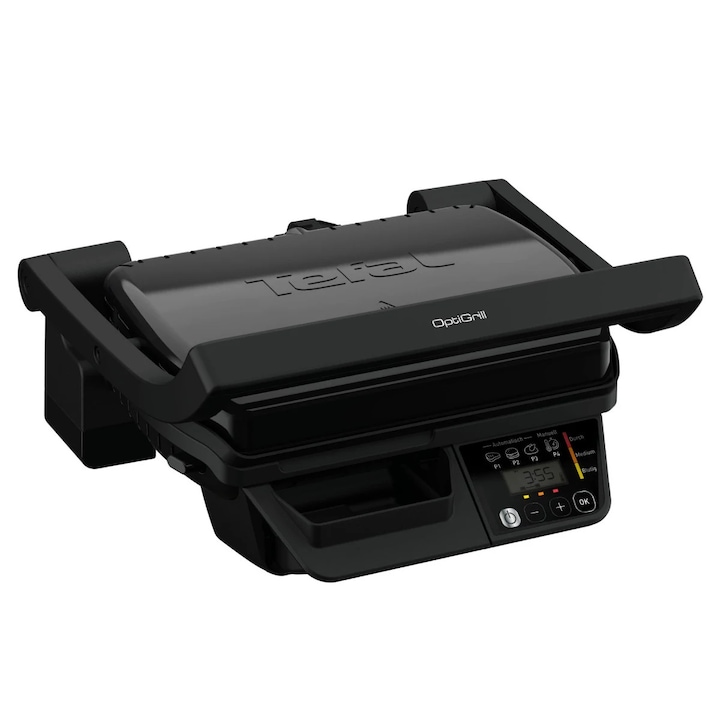 Gratar electric Tefal OptiGrill GC7P0810, 2000 W, 3 programe automate, placi tip grill antiaderente 30 x 20 cm, maner termorezistent, tava colectare grasimi, negru