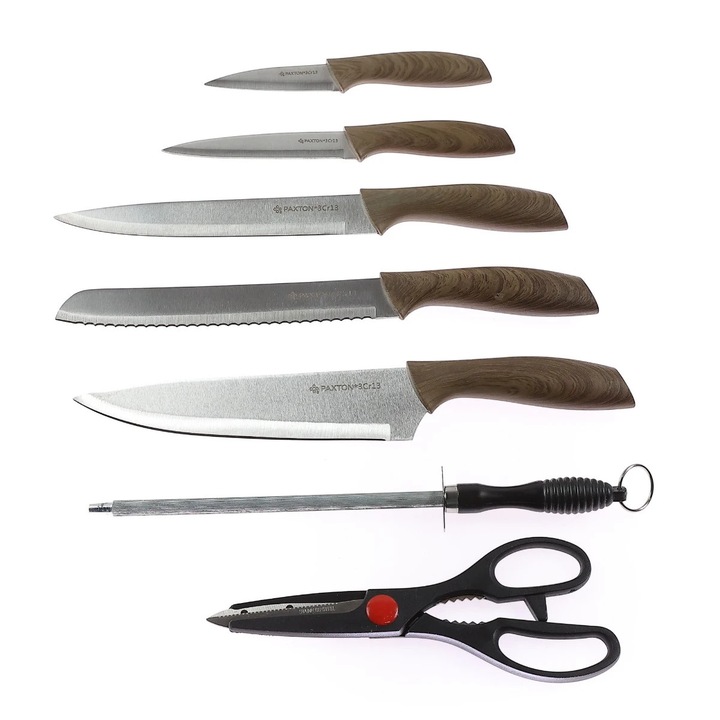 Cutite F008 + ustensile bucatarie, inox, maro + negru, set 8 bucati