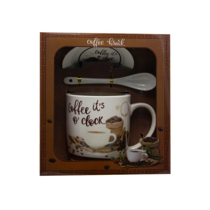 Cana + farfurie + lingurita, cu mesaj coffee clock, ceramica, alb + maro, 300 ml