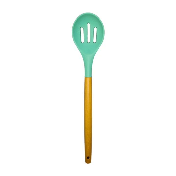 Lingura perforata YJJY04, silicon + lemn, verde, 31.7 x 6.9 cm