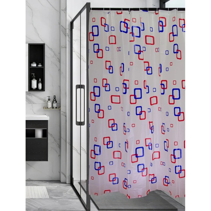 Perdea dus Hypo 4125, model patratele, alb + rosu + albastru, 180 x 180 cm