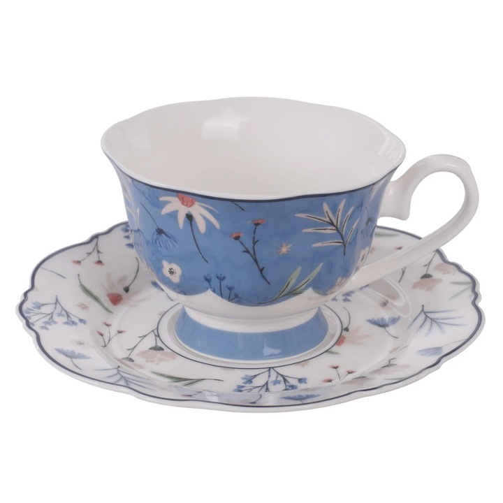 Ceasca si farfurioara SHS12312, set 12 piese, portelan, alb + multicolor, 220 ml