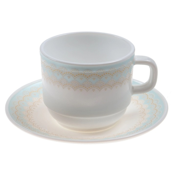 Set cească și farfurioară, sticlă termică, alb, albastru, auriu, 250 ml, 8.5x7cm, 15cm